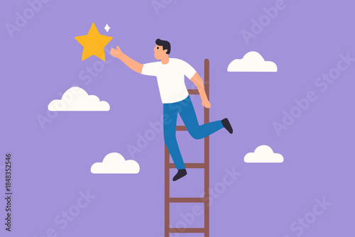 Business opportunity, ladder of success or aspiration to achieve business goal concept, ambitious businessman climbing ladder to the the top and reaching for the shining star.