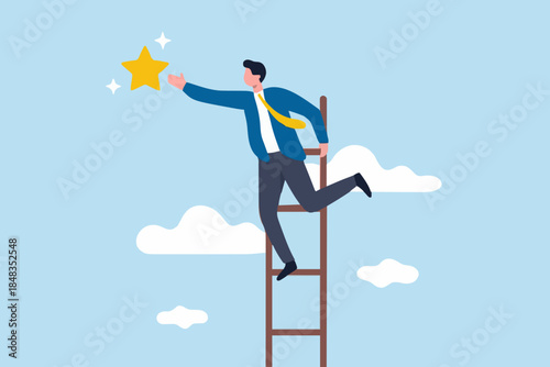 Business opportunity, ladder of success or aspiration to achieve business goal concept, ambitious businessman climbing ladder to the the top and reaching for the shining star.