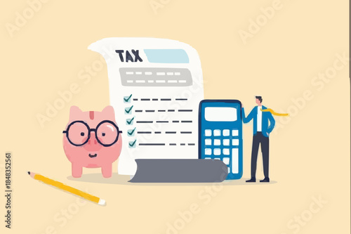 Income tax filing, calculate revenue and filling tax form, expert complete checklist for all reduction, refund and payment concept, expertise businessman completed tax filing form with calculator.