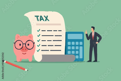 Income tax filing, calculate revenue and filling tax form, expert complete checklist for all reduction, refund and payment concept, expertise businessman completed tax filing form with calculator.