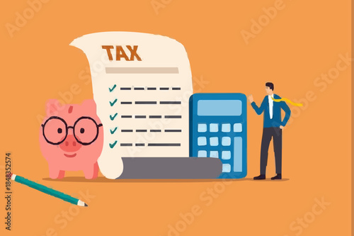 Income tax filing, calculate revenue and filling tax form, expert complete checklist for all reduction, refund and payment concept, expertise businessman completed tax filing form with calculator.