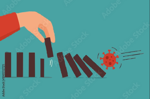 Stop domino effect of market and economics collapse, financial crisis from COVID-19 Coronavirus flu outbreak, COVID-19 virus pathogen impact domino create fall domino effect but hand pick one to stop