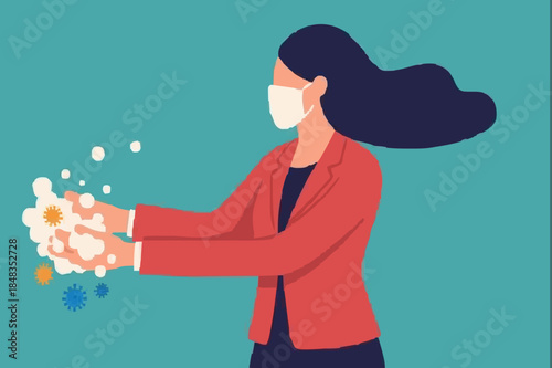 Washing hands to sanitize and disinfect COVID-19 Coronavirus pathogens from your hands concept, woman washing hands with alcohol gel or soap with bubbles and COVID-19 virus pathogen on her hands.