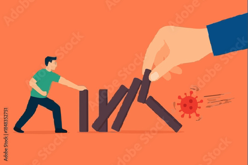 Stop domino effect of market and economics collapse, financial crisis from COVID-19 Coronavirus flu outbreak, COVID-19 virus pathogen impact domino create fall domino effect but hand pick one to stop