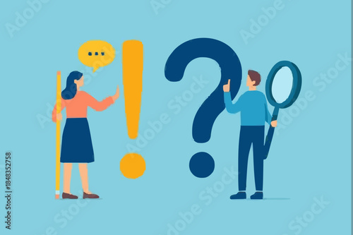 Question and answer, FAQ, frequently asked questions or problem solving, solution or support idea concept, businessman and woman with exclamation mark, question mark with speech bubble conversation.