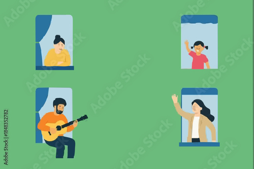 People stay home as social distancing to protect from COVID-19 coronavirus outbreak minimal concept, people at the windows with activities stay home apartment, social distancing policy with copy space