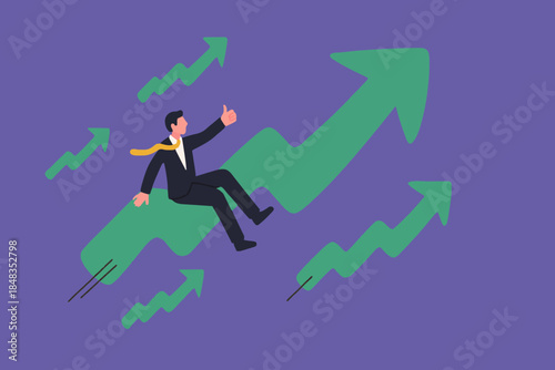 Stock market price rising up skyrocket in bull market, positive growing up business or ambition for winner investor concept, confidence businessman riding fast speed green rising up graph to the top.