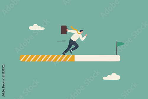 Progress or journey to success or achieve goal, business step or career path, mission or challenge to succeed, improvement concept, ambitious businessman run on progress bar to achieve success flag.