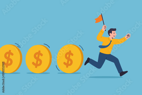 Cash flow, investment fund flow, fund raising, bank loan or financial activity to making money or profit concept, Businessman leader or investor holding flag control flow of money Dollar coins.