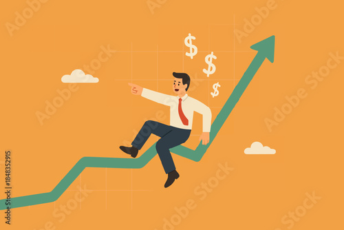Success investment earn more profit or easy growing return mutual fund, make money from cryptocurrency trading or dream about being rich concept, businessman investor relax and sleep on growing graph.