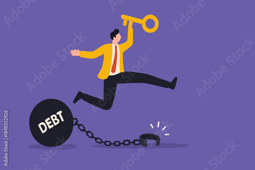 Debt free or freedom for pay off debts, loan or mortgage, solution to solve financial problem, savings or investment to break free, happy businessman holding golden key after unlock debt burden chain.