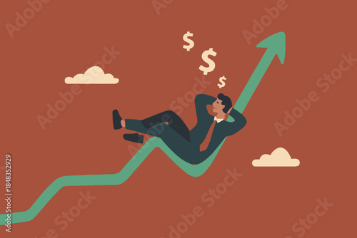 Success investment earn more profit or easy growing return mutual fund, make money from cryptocurrency trading or dream about being rich concept, businessman investor relax and sleep on growing graph.