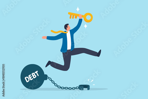Debt free or freedom for pay off debts, loan or mortgage, solution to solve financial problem, savings or investment to break free, happy businessman holding golden key after unlock debt burden chain.