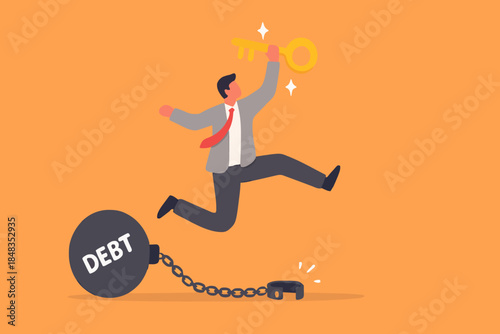 Debt free or freedom for pay off debts, loan or mortgage, solution to solve financial problem, savings or investment to break free, happy businessman holding golden key after unlock debt burden chain.