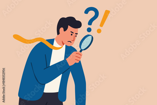 Observation or examination, curiosity to discover secret, search or analyze information, investigate or research concept, curious businessman holding magnifying glass observe data with question mark.