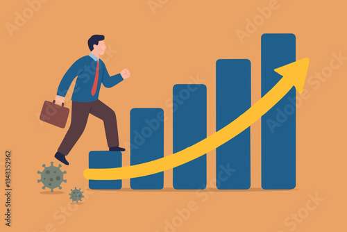 Economic recovery after Coronavirus COVID-19 crisis, post pandemic concept, working businessman investor or company leader walking on Coronavirus pathogen to growing up economic bar graph arrow up.