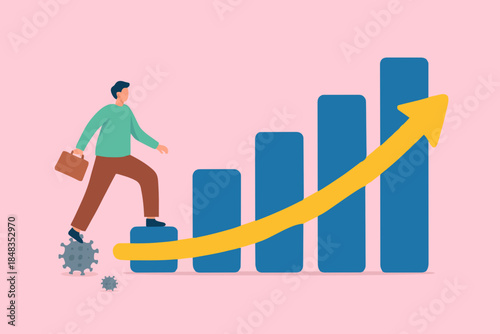 Economic recovery after Coronavirus COVID-19 crisis, post pandemic concept, working businessman investor or company leader walking on Coronavirus pathogen to growing up economic bar graph arrow up.
