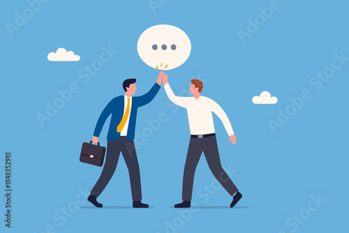Success communicate, discussion or interview, achieve business agreement, solution or partnership deal, perfect match connection concept, businessmen handshake with connect speech bubble jigsaw.