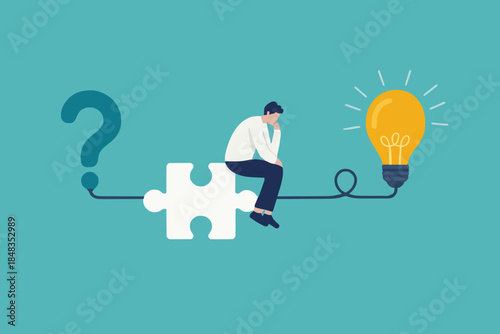 Problem solving skill, critical thinking or finding solution to solve problem, answer question, creativity or imagination, businessman on thinking bubble connect question mark to lightbulb solution.