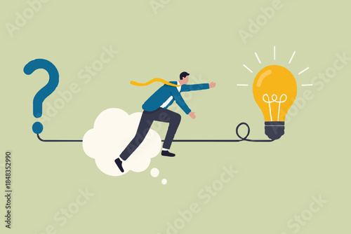 Problem solving skill, critical thinking or finding solution to solve problem, answer question, creativity or imagination, businessman on thinking bubble connect question mark to lightbulb solution.
