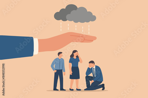 Employee care benefit, worker insurance or protection, boss or manager to protect team and colleagues, leader or boss to help employee concept, giant businessman hand cover team member from rainstorm.