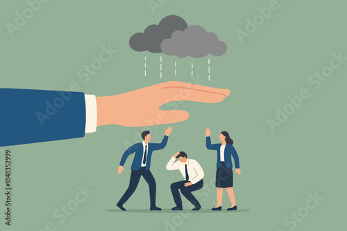Employee care benefit, worker insurance or protection, boss or manager to protect team and colleagues, leader or boss to help employee concept, giant businessman hand cover team member from rainstorm.