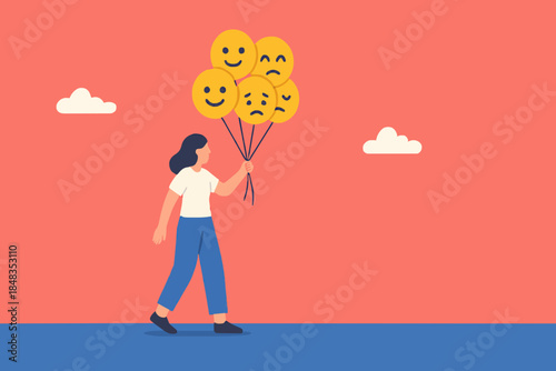 Emotional control and self regulation, stressed management or mental health awareness, feeling and expression concept, calm woman holding balloons with emotion or expression faces, happy, sad or fear.