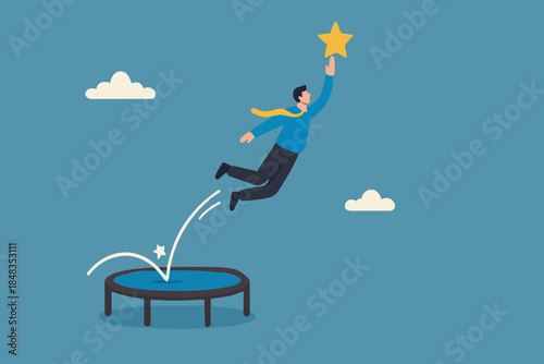 Reach success, improvement or career development, business tools advantage to reach goal or target, growth and achievement concept, businessman bounce on trampoline jump flying high to grab star.