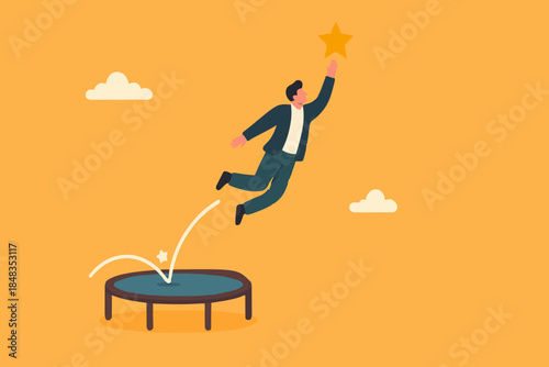 Reach success, improvement or career development, business tools advantage to reach goal or target, growth and achievement concept, businessman bounce on trampoline jump flying high to grab star.