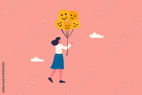 Emotional control and self regulation, stressed management or mental health awareness, feeling and expression concept, calm woman holding balloons with emotion or expression faces, happy, sad or fear.
