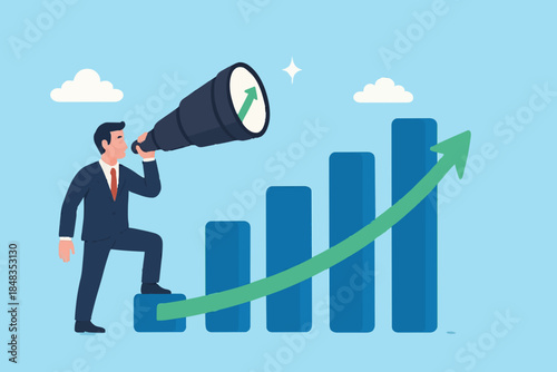 Vision to see next goal, motivation to success, forecast and business prediction, challenge to be better and achieve success concept, confidence businessman step on rise up graph look for next goal.