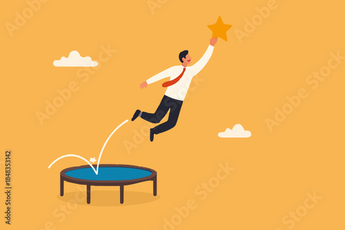 Reach success, improvement or career development, business tools advantage to reach goal or target, growth and achievement concept, businessman bounce on trampoline jump flying high to grab star.