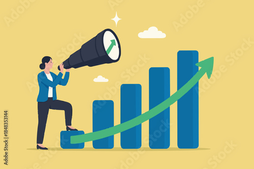 Vision to see next goal, motivation to success, forecast and business prediction, challenge to be better and achieve success concept, confidence businessman step on rise up graph look for next goal.
