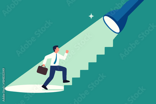 Spotlight to guide career success, recruitment or HR finding candidate or talent, opportunity or career growth, ladder of success concept, businessman walk up flashlight with staircase light beam.