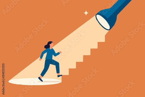 Spotlight to guide career success, recruitment or HR finding candidate or talent, opportunity or career growth, ladder of success concept, businessman walk up flashlight with staircase light beam.