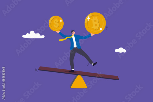 Investment portfolio with Bitcoin or crypto currency, buy or sell trading, crypto market exchange value concept, businessman investor or trader balance portfolio with dollar coin and bitcoin.