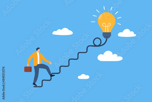 Creativity for business idea, thinking and brainstorm for new idea or opportunity, career path or goal achievement, businessman start walking on electricity line as stairway to big idea lightbulb.