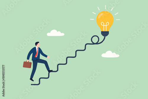 Creativity for business idea, thinking and brainstorm for new idea or opportunity, career path or goal achievement, businessman start walking on electricity line as stairway to big idea lightbulb.