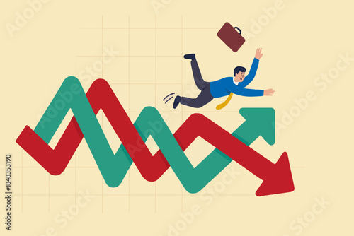 Financial investment volatility, uncertainty or change in business and stock market due to Coronavirus crisis concept, businessman investor fall on uncertainty, volatile up and down arrow profit graph