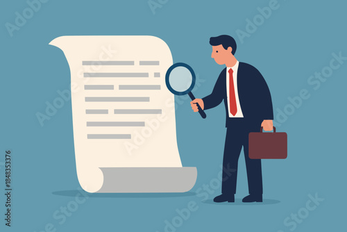 Document checking, agreement or contract validation, financial or budget analysis, search for document files concept, businessman manager holding big magnifying glass checking document paper.