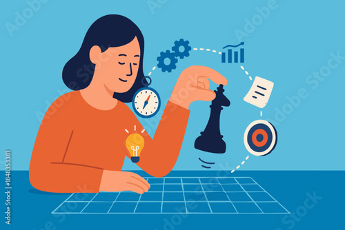 Strategic planning, tactic or strategy to win business competition, marketing analysis or challenge to achieve target, decision based on information concept, businessman hand on strategic chess king.