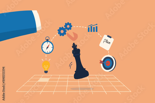 Strategic planning, tactic or strategy to win business competition, marketing analysis or challenge to achieve target, decision based on information concept, businessman hand on strategic chess king.