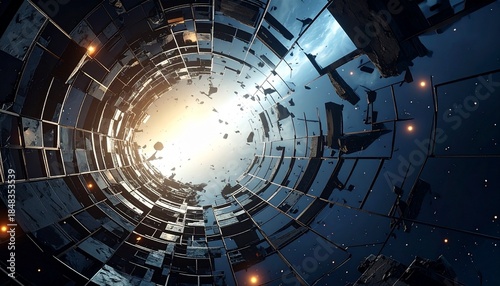 A wideangle view from within a disintegrating cylindrical structure in space Dark reflective panels crumble away toward a bright light