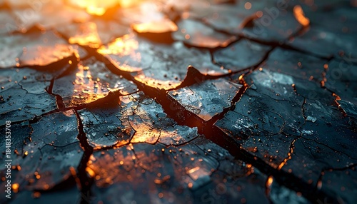 A closeup of a dark cracked and fragmented surface with a warm orange light reflecting off its uneven texture