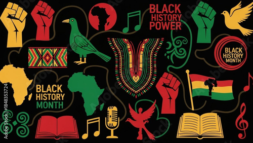 Vibrant black history month symbols and icons on black background with fists, birds, books,