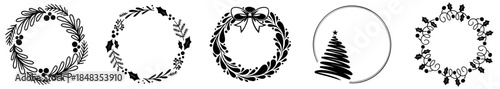 Christmas Wreath Frame Set — Round Circular Frames with Holly, Berries, Pine Branches, Bows and Snowflakes for Cards