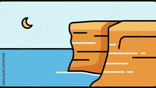 Stylized Cliff Face Overlooking Calm Water Under a Crescent Moon.