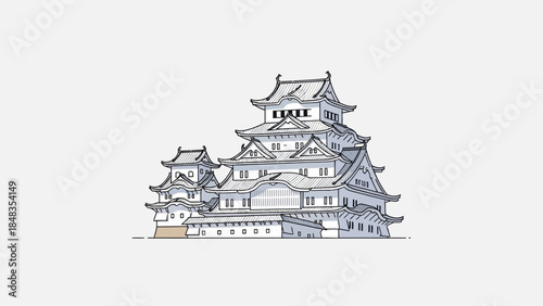Detailed Sketch of a Traditional Japanese Castle Architecture.