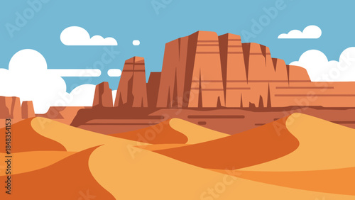 Majestic Desert Landscape with Towering Buttes and Rolling Sand Dunes.
