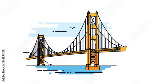 Iconic Golden Gate Bridge Suspension Structure Over Water.